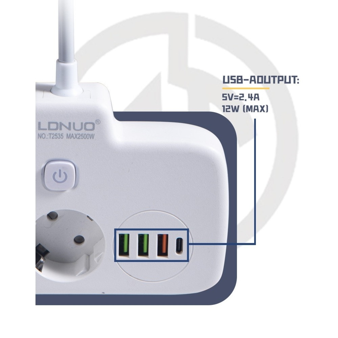 Adaptor Priza, Vafy, 6 in 1, 2 Prize Standard, 3 Porturi USB, 1 Port Tip C, Buton Oprire, 2500W, din PC, Alb