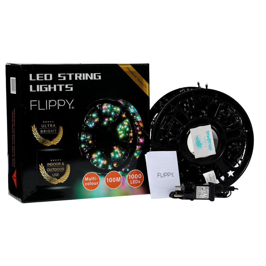 Instalatie Craciun liniara cu transformator, 100m, multicolor, 1000 LED-uri, fir negru, 8 jocuri de lumini, Vafy