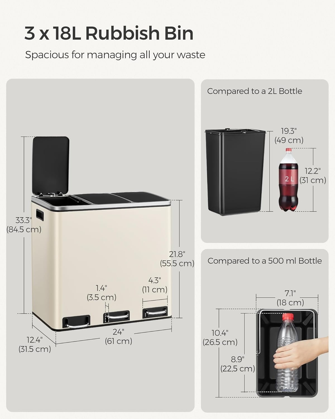 SONGMICS Cos de gunoi colectare selectiva cu 3 compartimente 3 x 18L, capace soft close, pedale, otel, 61x32x56 cm, bej