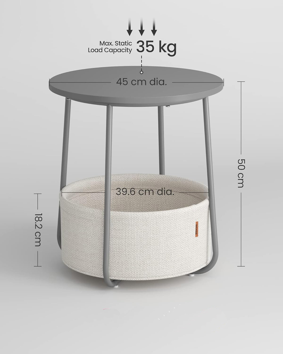 VASAGLE Masuta de cafea rotunda cu cos de stofa, stil modern, 45x50cm, gri