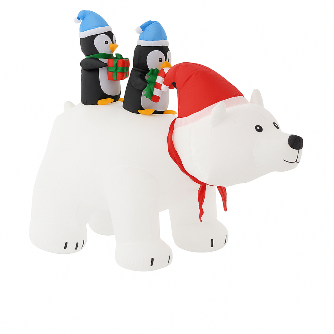 Urs polar gonflabil de exterior, iluminare LED, cu doi pinguini, compresor integrat, 200x120x80 cm, alb