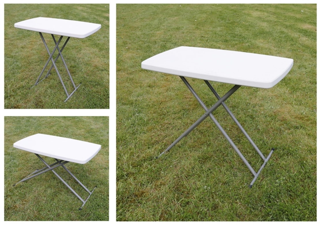Masa pliabila 76x50 cm, inaltime reglabila 36-71 cm, pentru terasa, gradina sau camping, HDPE alb