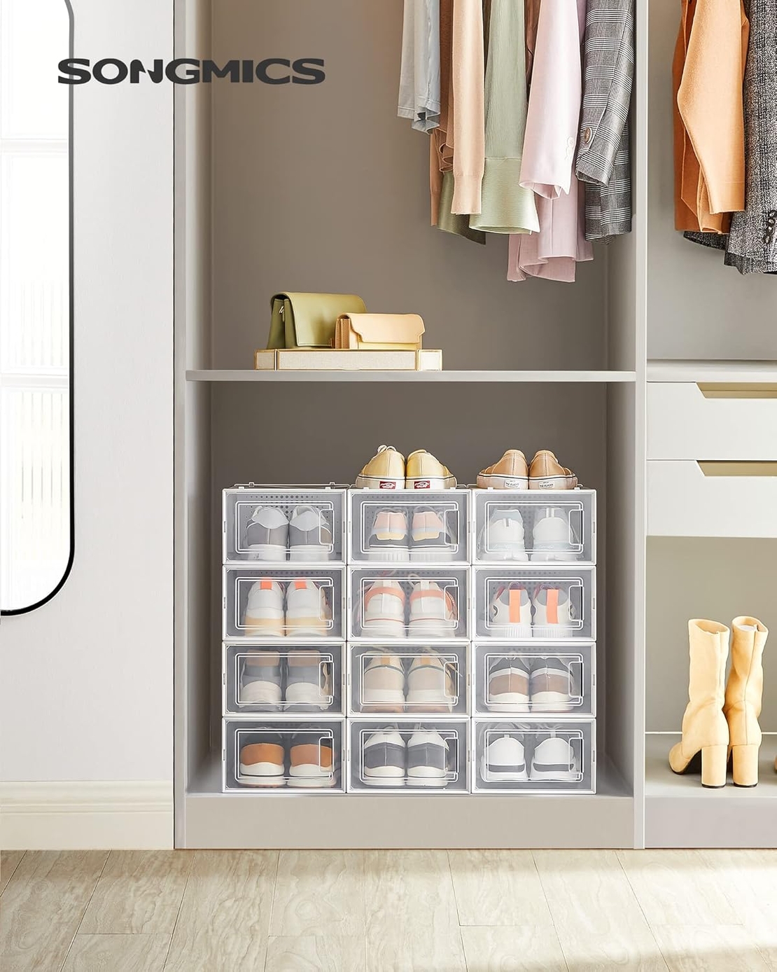 SONGMICS Cutii de pantofi, set de 12 organizatoare stivuibile, structura rezistenta ABS, 34x23x14 cm, transparent