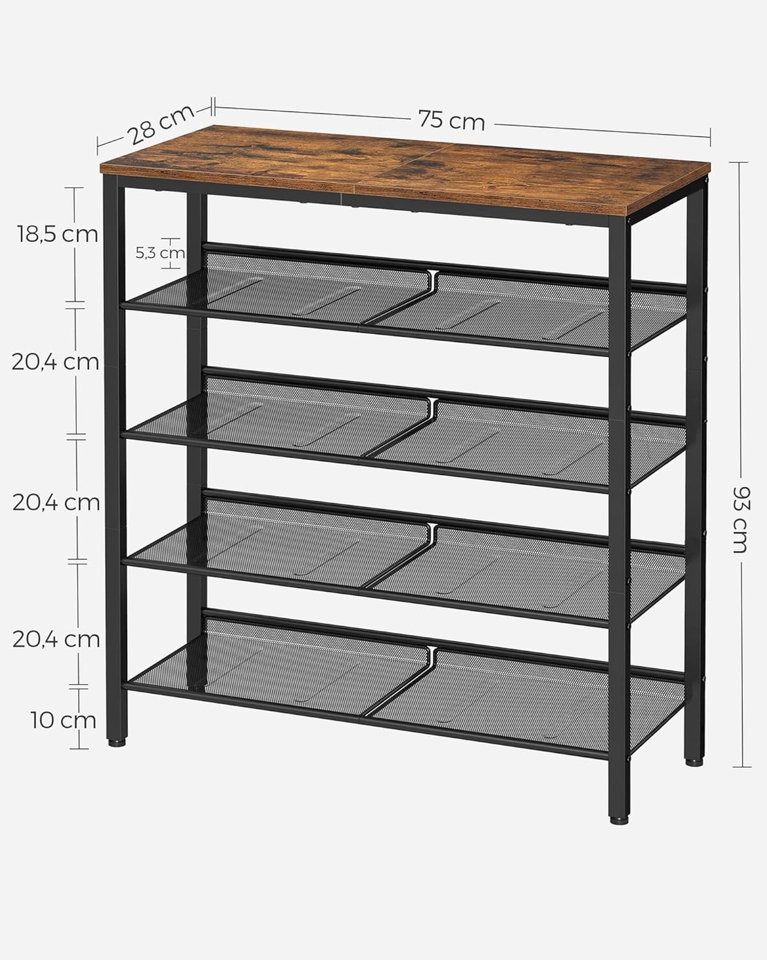 VASAGLE Raft de pantofi, 5 niveluri, rafturi reglabile din plasa, metal, stil industrial, 75x28x93cm, maro vintage negru