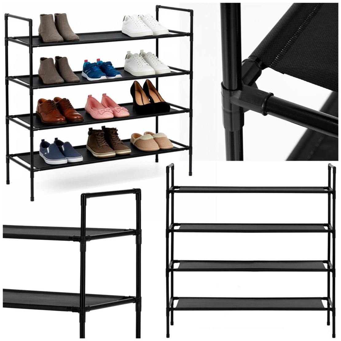 Raft pantofi cu 4 polite, structura metalica si rafturi textile, 72x28x75 cm, negru