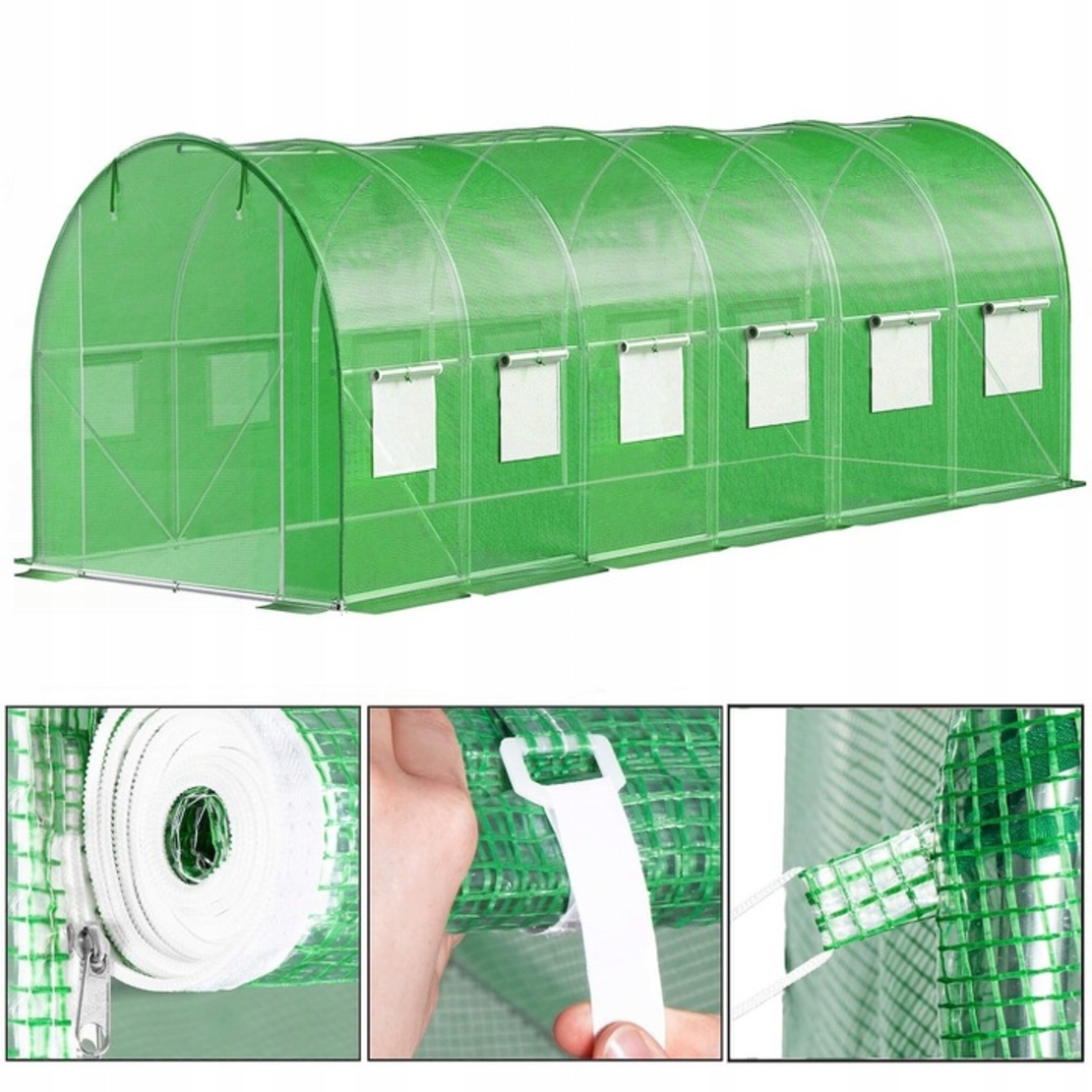 Sera de gradina, tip tunel cu cadru metalic, 300x600cm, 13 ferestre, verde, 18 mp