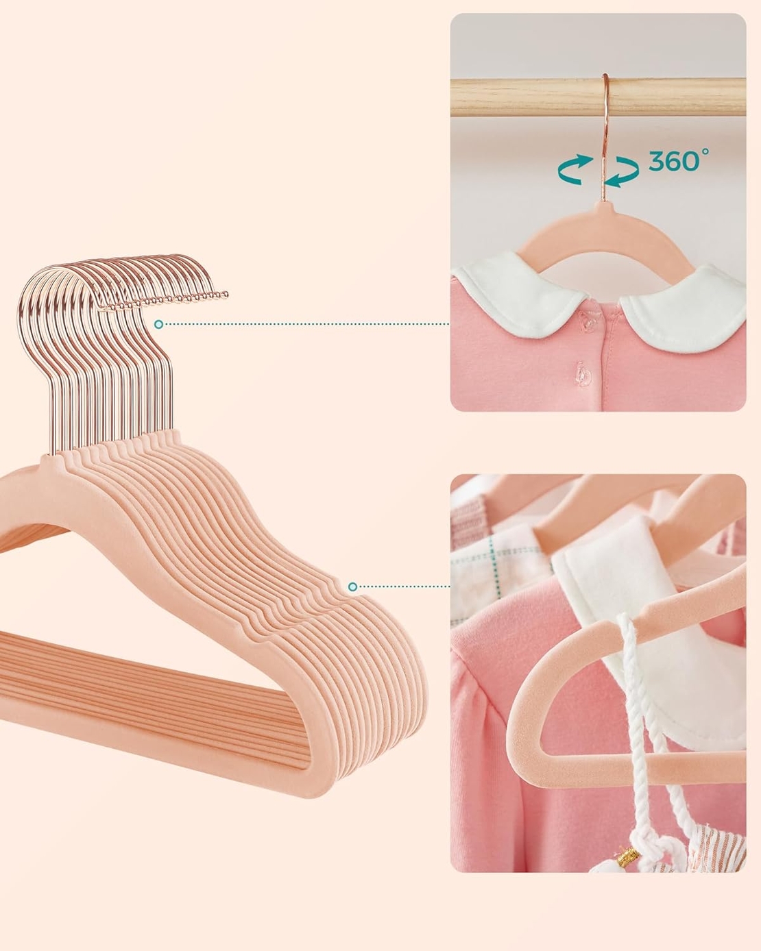 SONGMICS Set de 50 de umerase copii din catifea, antialunecare, carlige rotative 360°, 30 cm, roz