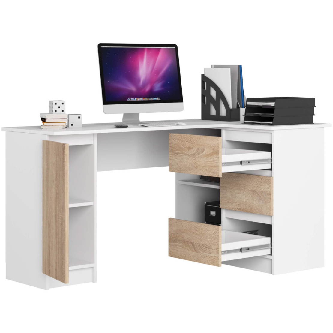Birou colt dreapta in L cu 3 sertare si rafturi, PAL laminat 16 mm, 155x85x77 cm, alb si stejar sonoma