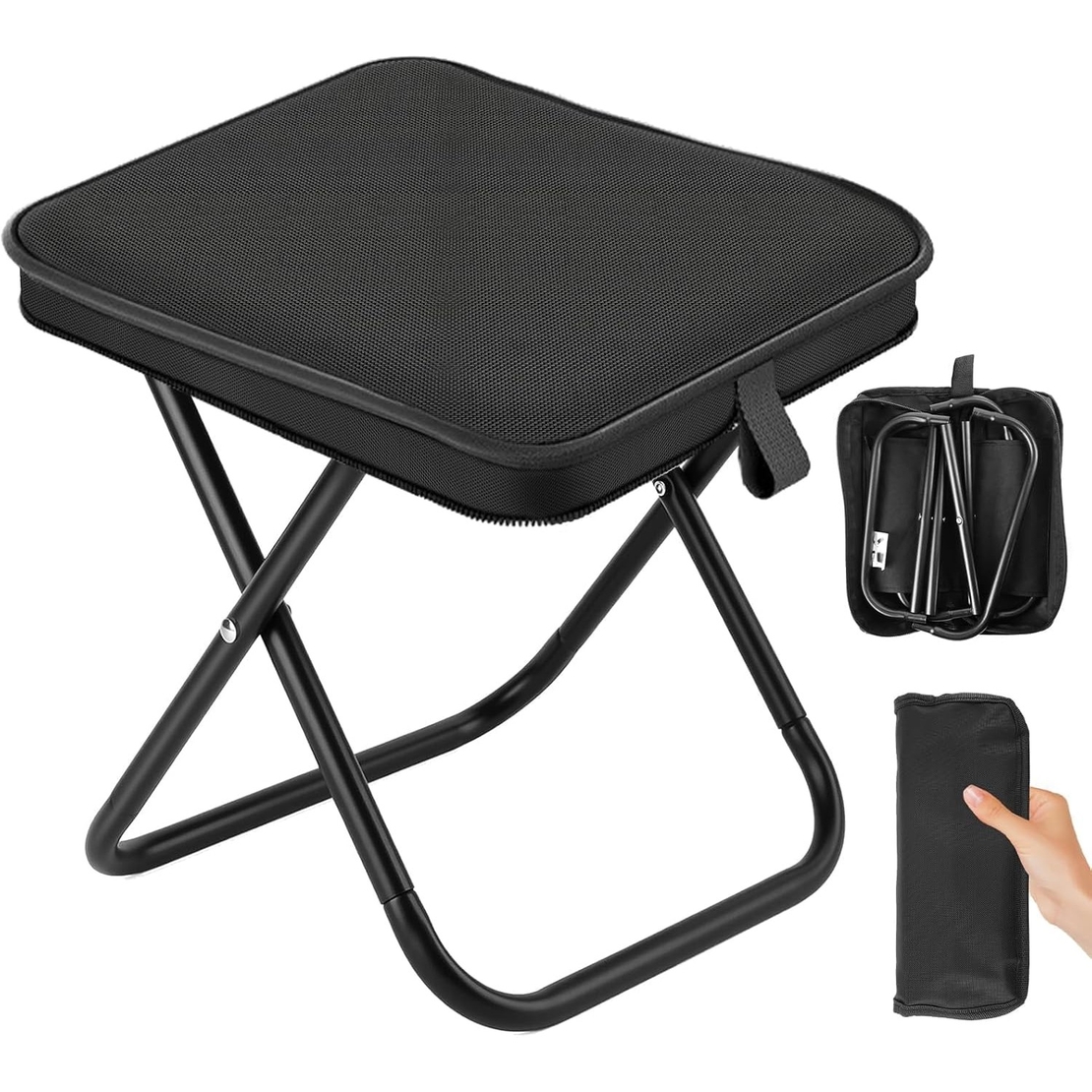 Scaun Pliabil, Vafy, pentru Adulti, Portabil, pentru Camping, Pescuit, din Panza Oxford si Cadru Metalic, 24 x 24 x 28 cm, Negru