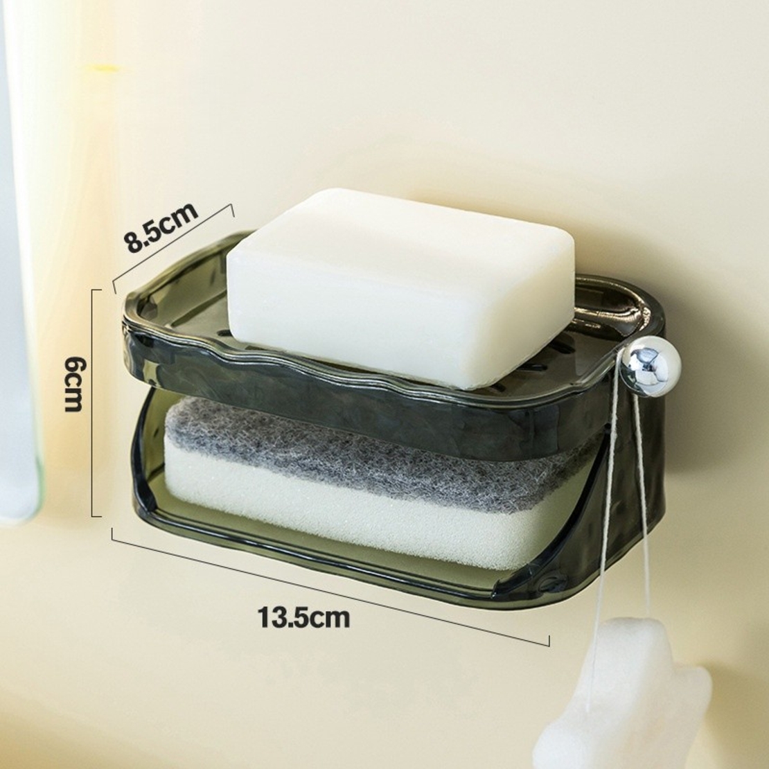 Savoniera Dubla, Flippy, 2 Straturi, Instalare fara Perforare, Agatatoare Burete, 13.5 x 8.5 x 6 cm, Verde Inchis