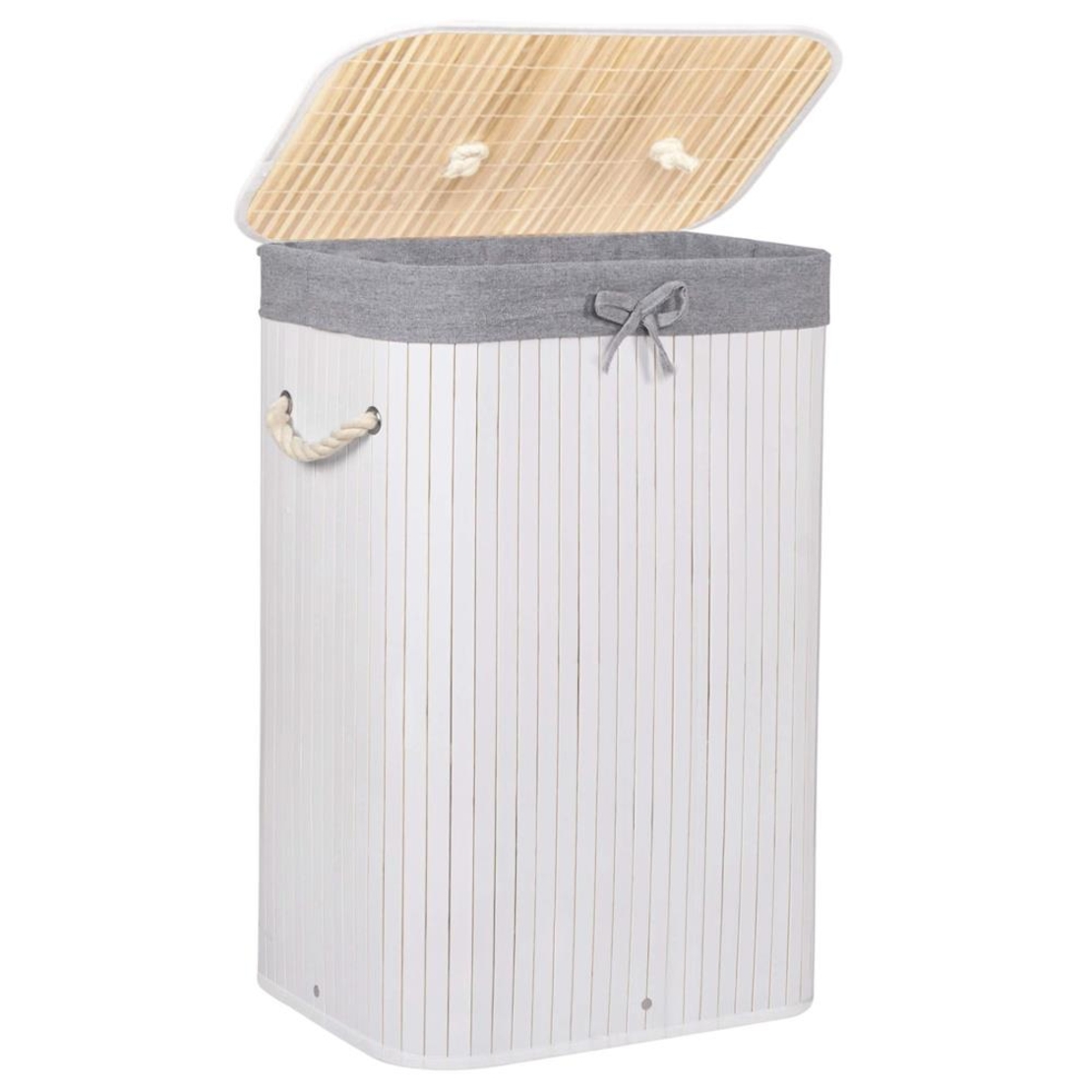Cos de rufe cu capac, din bambus cu sac textil detasabil, 72 litri, 40x28x60 cm, alb si gri