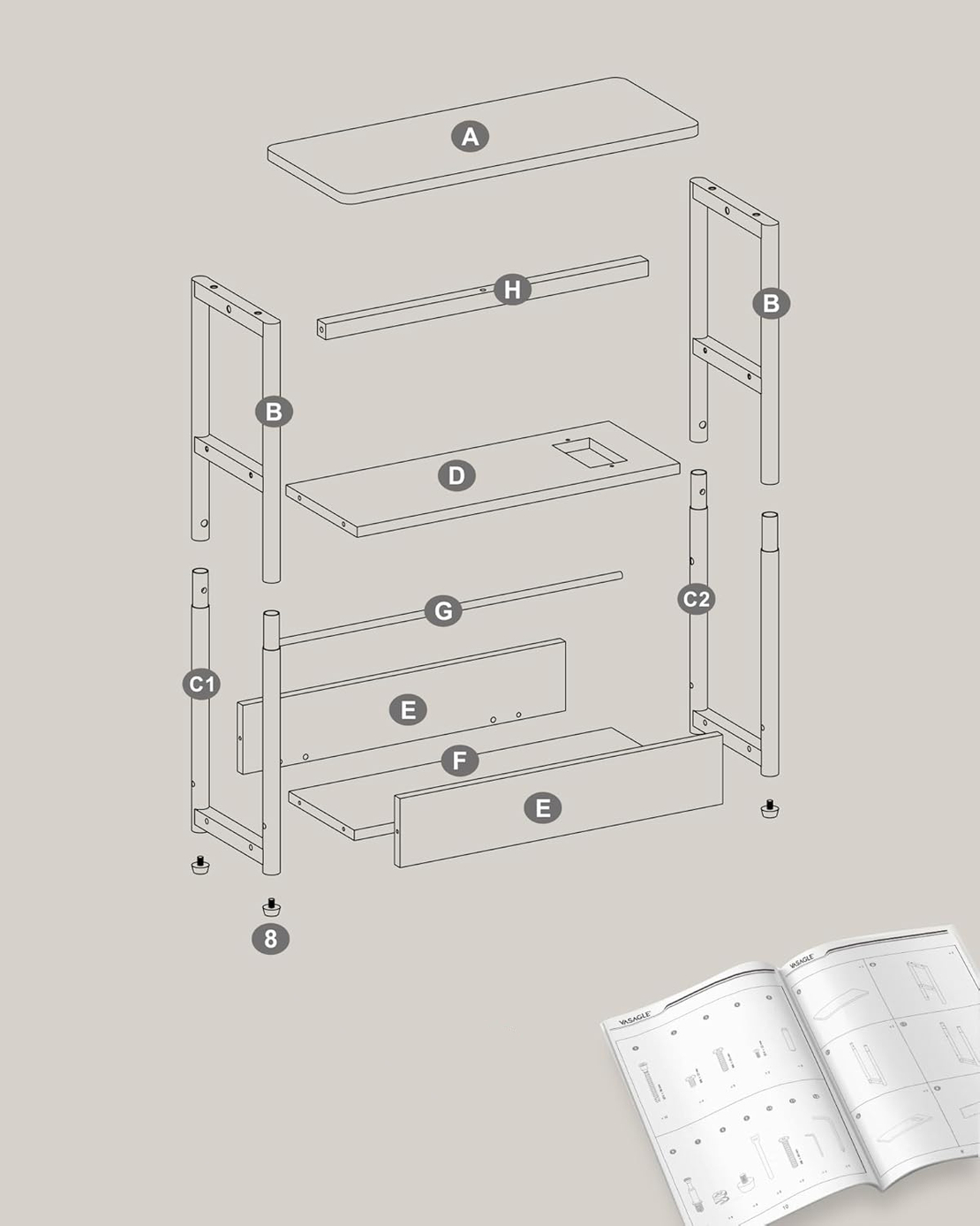 VASAGLE Masuta ingusta cu priza si porturi de incarcare USB, 3 rafturi, 45x18x58 cm, gri