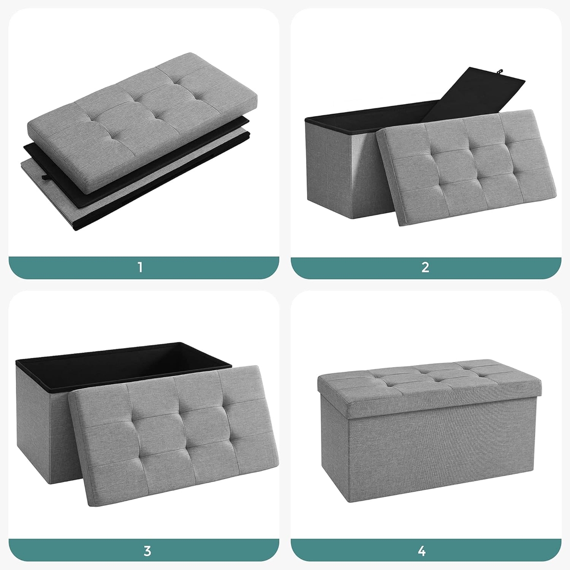 SONGMICS Taburet pliabil cu sezut moale, spatiu de depozitare 80litri, maxim 300kg, 76x38x38cm, gri