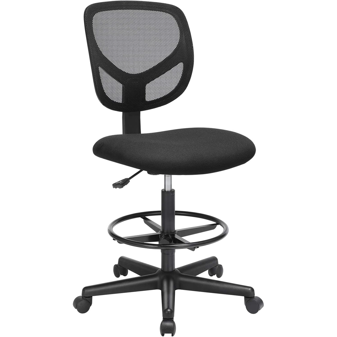 SONGMICS Scaun de birou inalt pentru atelier sau studio, fara brate, cu suport picioare, reglabil pe inaltime, 64x64x117 cm, negru