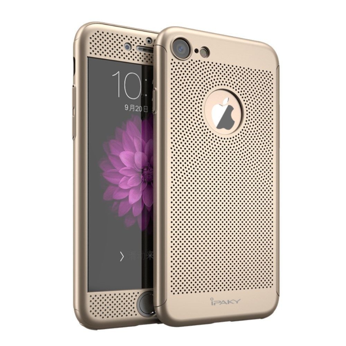 Husa de Protectie, Flippy, pentru Apple iPhone 7, Full Cover 360 Air cu Gauri si Folie de Protectie, Plastic, Auriu