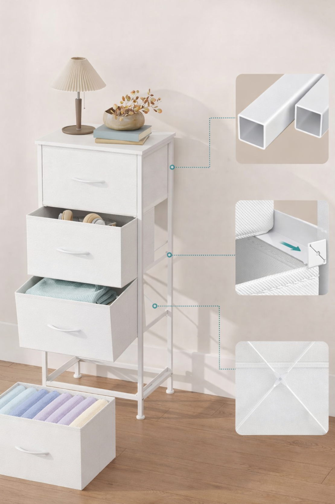 SONGMICS Comoda cu 4 sertare textile, cadru metalic si blat MDF, 40x30x95 cm, alb