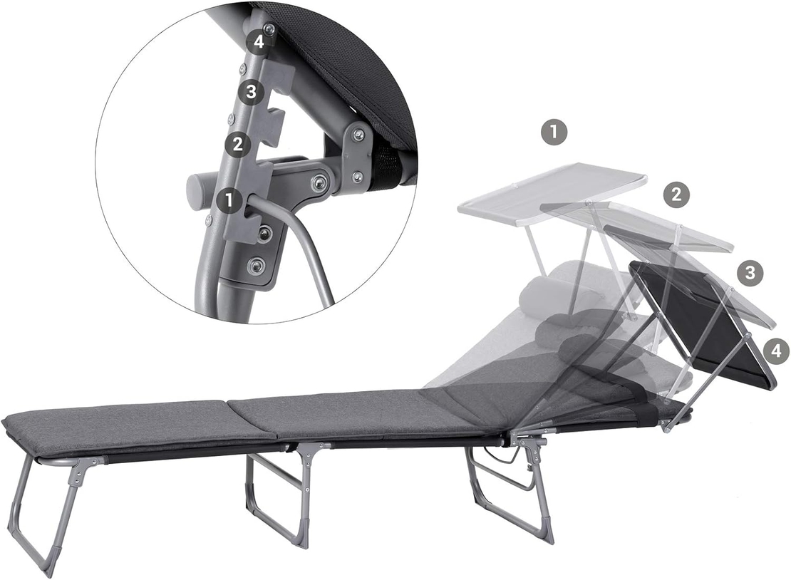SONGMICS Sezlong pliabil, cu saltea, parasolar si tetiera, spatar reglabil in 4 pozitii, maxim 150kg, 193x53x30 cm, gri