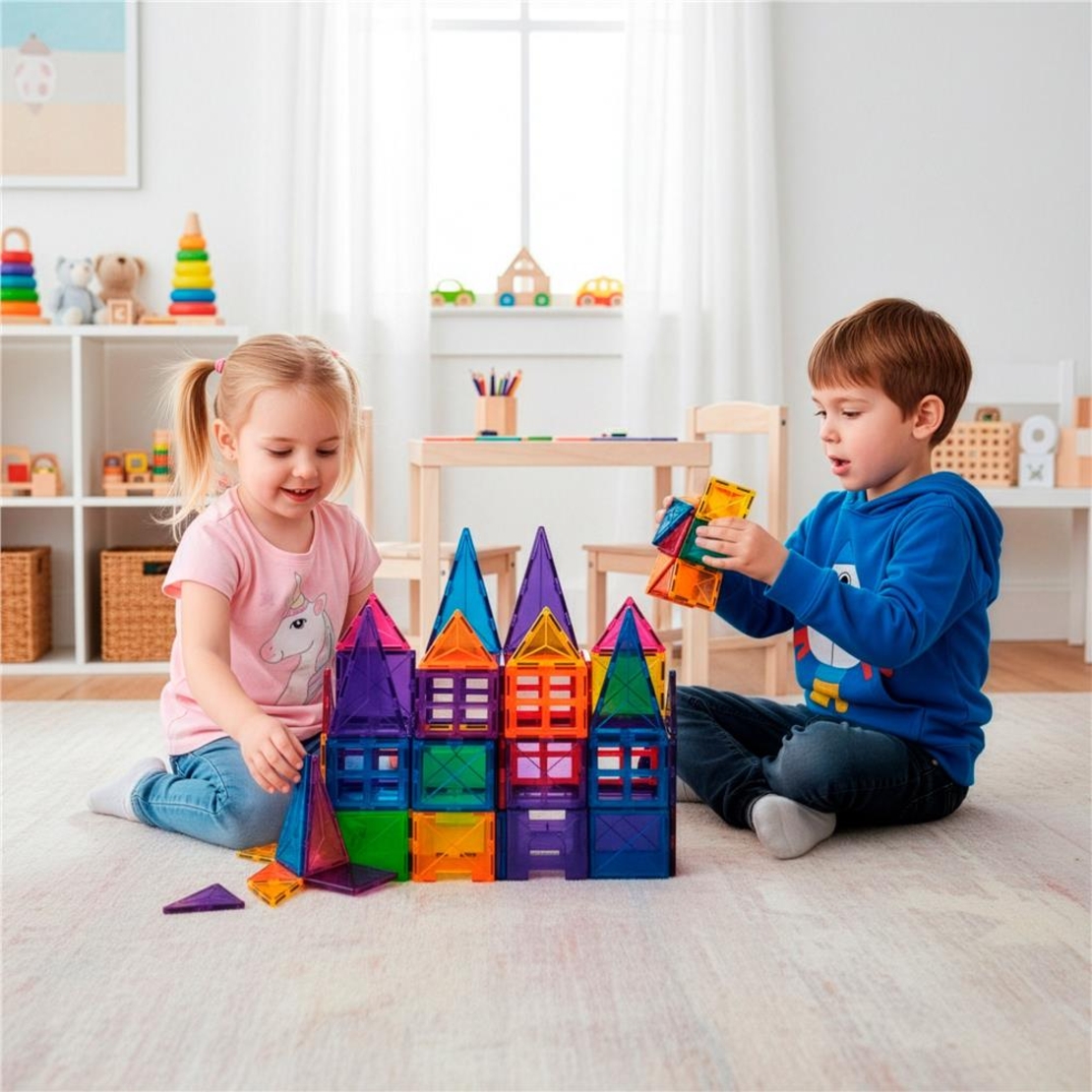 Set de constructie din piese magnetice educative pentru copii 48 de piese, multicolor