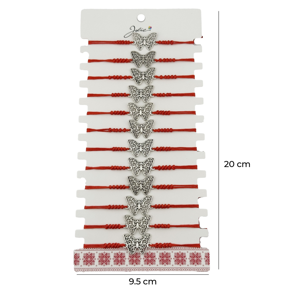 Bratara Martisor pentru Dama, Jolie, Model Fluture, Set 12 bucati, Pandativ Argintiu din Inox cu Snur Rosu Ajustabil