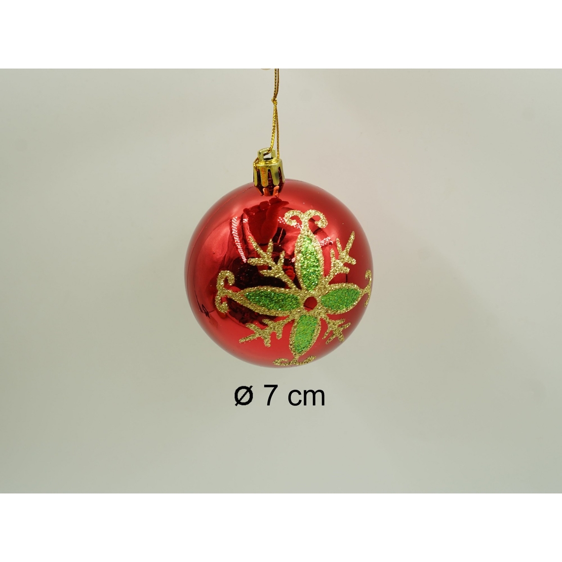 Set de 24 ornamente de brad, Flippy, de tip Glob, Rosu/ Auriu, cu ø de 7 cm, din plastic, cu finisaj sclipitor , cutie 16 cm lungime x 36 cm inaltime x 16 cm adancime
