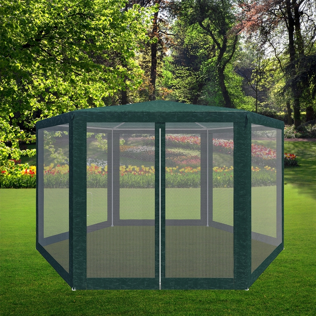 Pavilion cu plasa anti-insecte, fermoar, hexagonal, 200cm, Verde