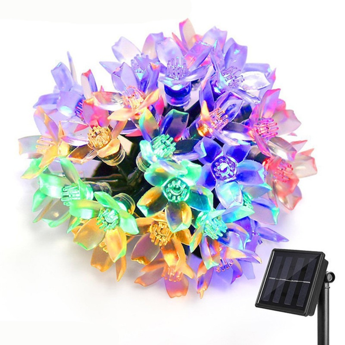 Instalatie Craciun, 5 metri, 20 Becuri LED tip Flori de cires, pentru exterior cu incarcare solara, Multicolor, Vafy