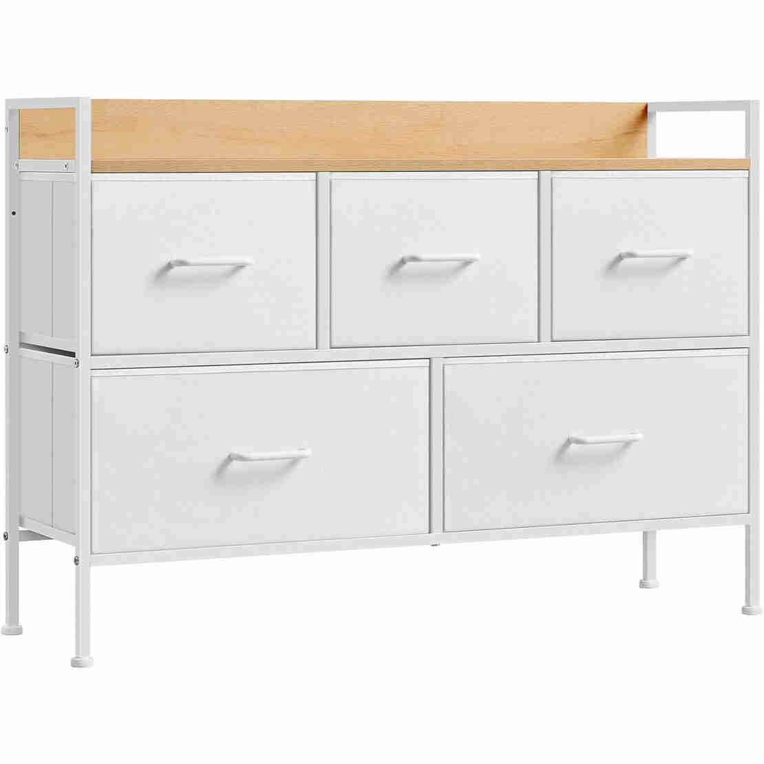 SONGMICS Comoda cu 5 sertare textile, cadru metalic si blat din PAL, design industrial, 98x29x70 cm, alb si stejar