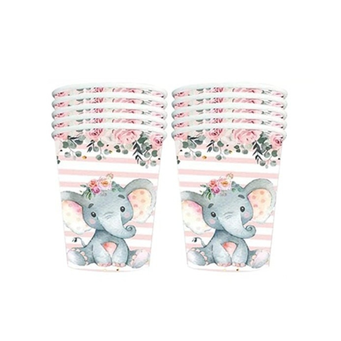 Set 10 Pahare, Flippy, Imprimeu Elefant, din Carton, 7.5 x 8.5 cm, Roz