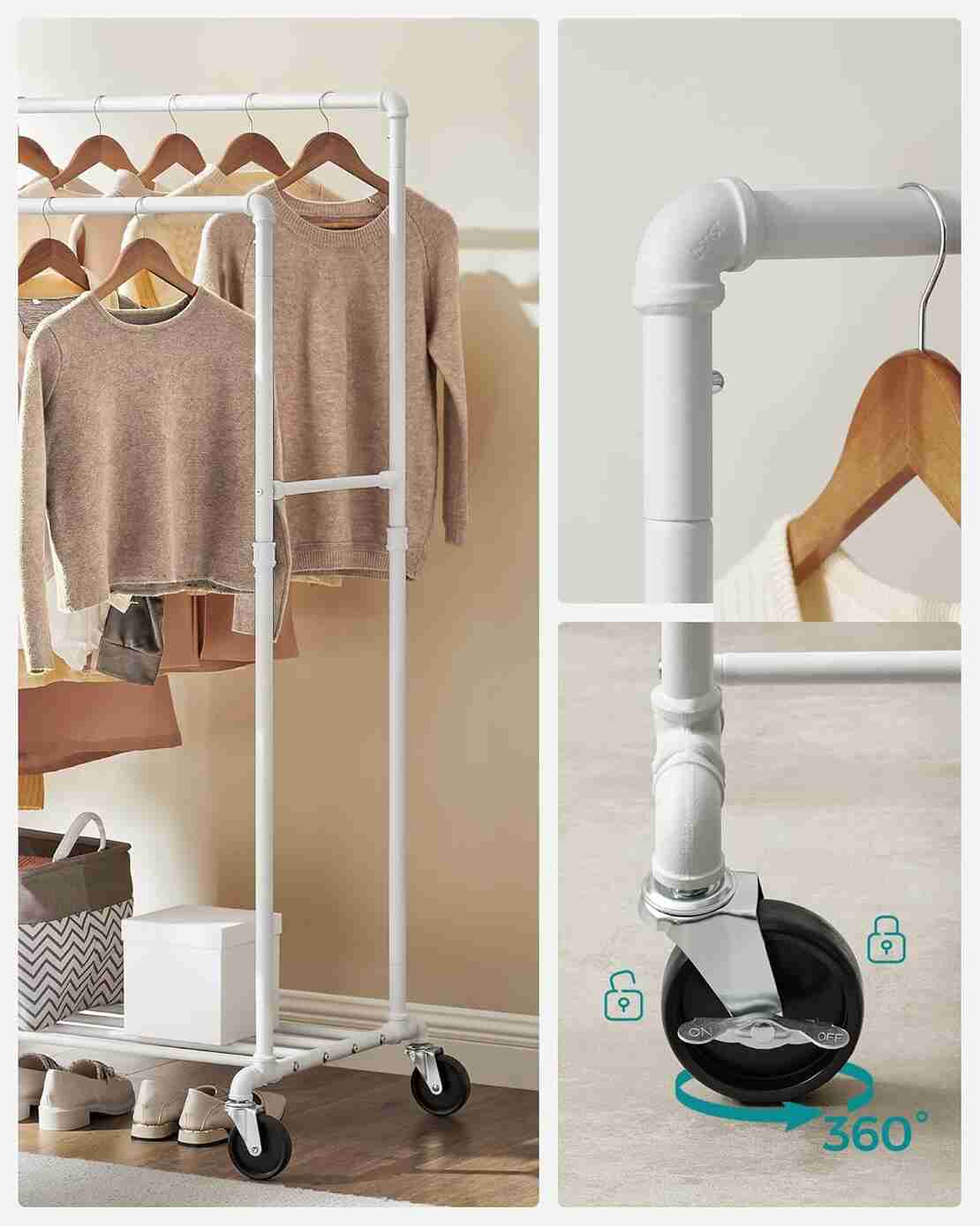 SONGMICS Suport haine cu 2 bare si raft, cu roti, cadru metalic, design industrial, 100x59x162 cm, alb