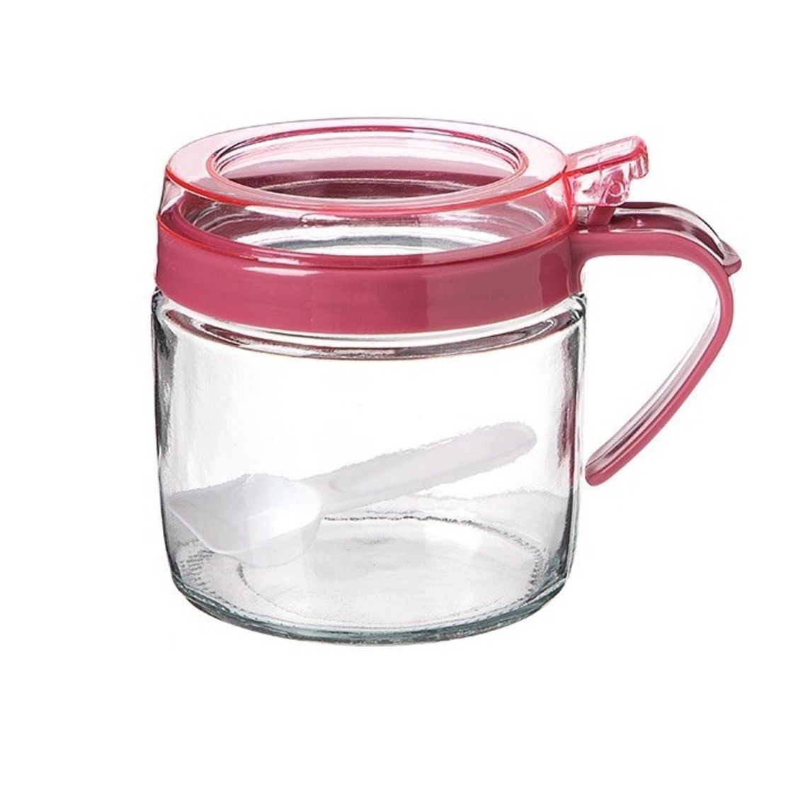 Recipient Condimente, Vafy, din Stilca, 180 ml, cu Maner si Lingurita, 8 x 9 cm, Capac Transparent, Roz