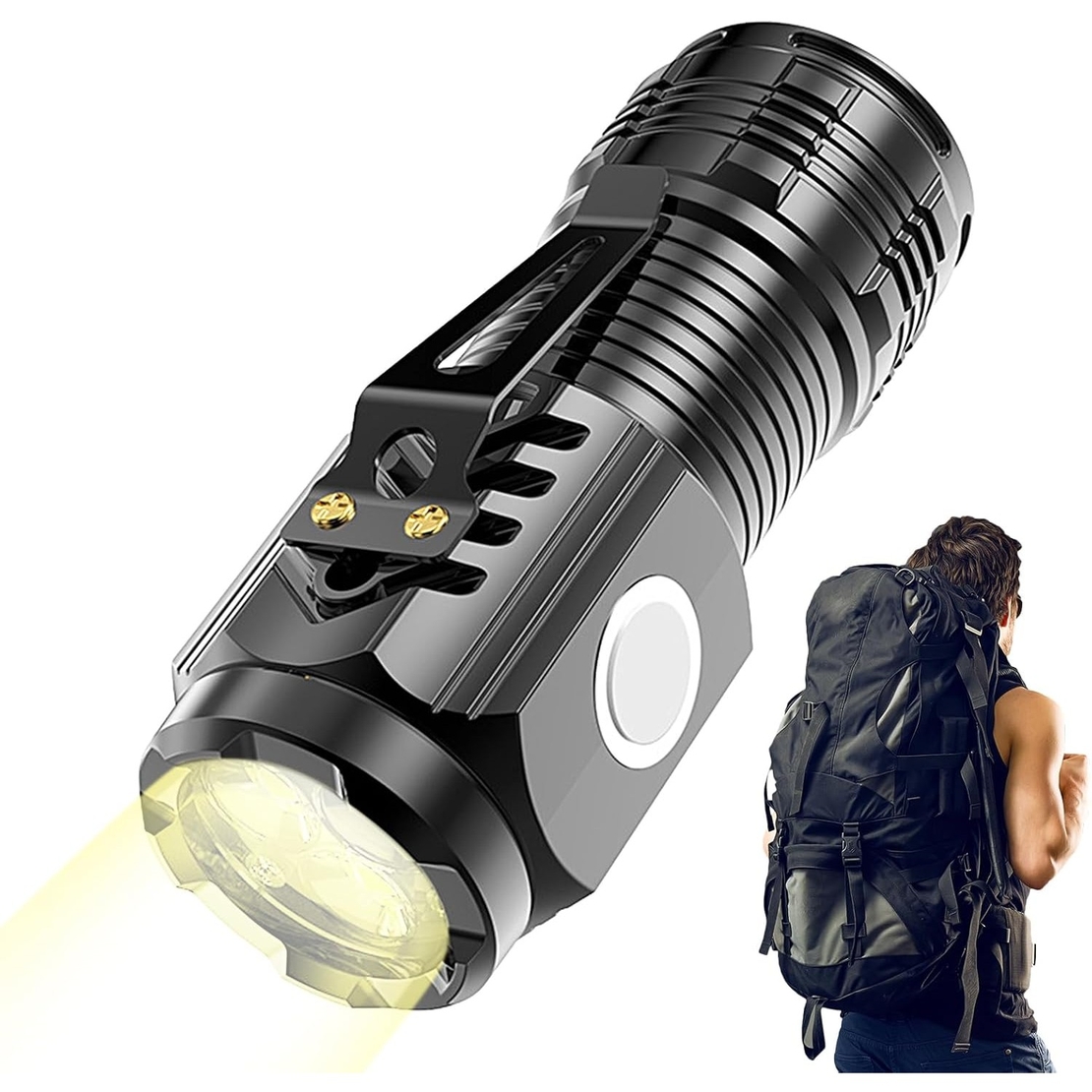 Lanterna cu 3 Nuclee Led, Vafy, Incarcare USB, Autonomie 4-20h, Raza Maxima 100-200 m, 5W, 4 x 4 x 9 cm, Suport de Agatat, Fund Magnetic, Negru Galvanizat