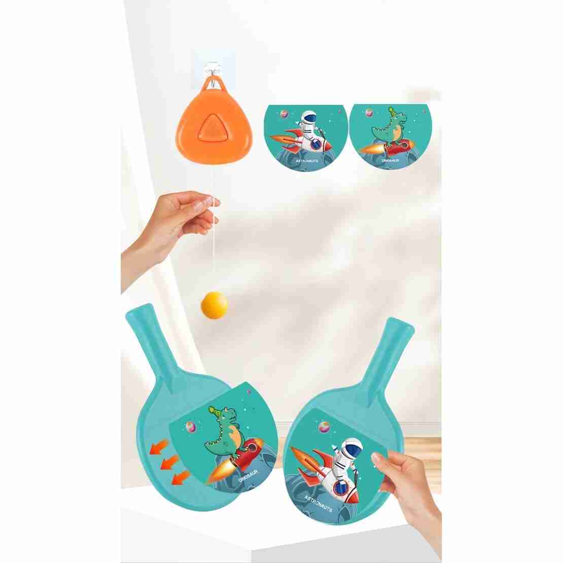 Set Palete pentru Tenis de Masa, Flippy, pentru Copii, Accesoriu de Agatat Inclus, 2 Mingi, Design Animat, Albastru