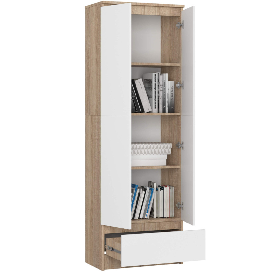 Dulap inchis cu 2 usi si sertar, 4 rafturi, PAL laminat 16 mm, 60x35x180 cm, stejar sonoma si alb