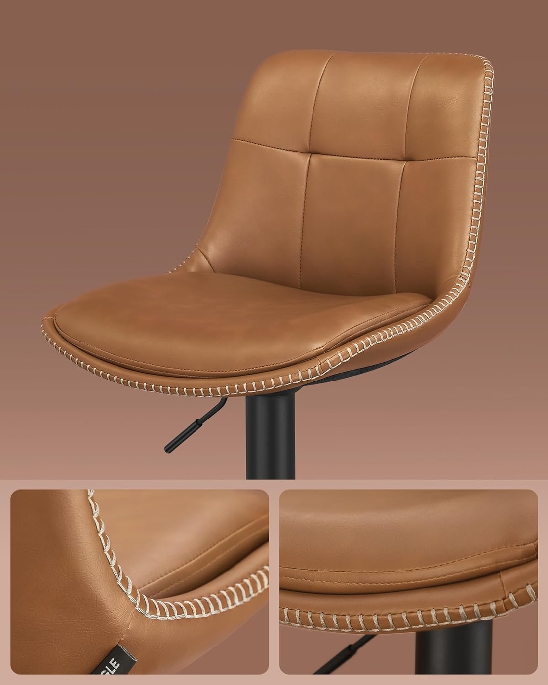 VASAGLE Set 2 scaune bar reglabile, rotative 360°, tapiterie PU, cadru metalic, 44x30x90-112 cm, maro caramel