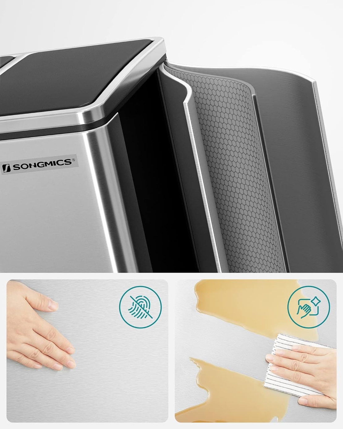SONGMICS Cos de gunoi din inox cu 2 compartimente colectare selectiva, cu galeti interioare, 2x15litri, argintiu si negru