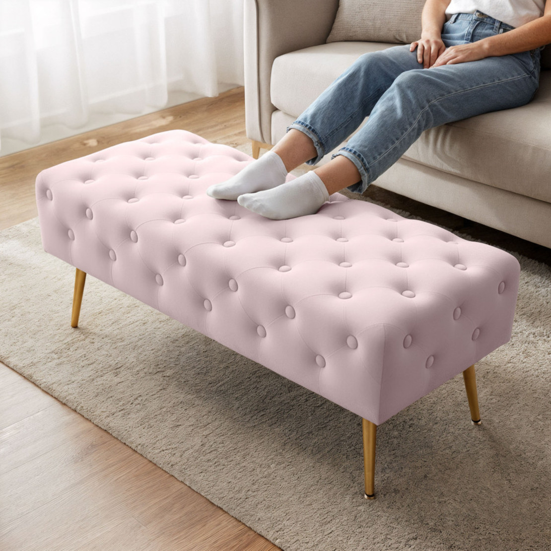 Taburet Monaco, tapitat cu catifea, tip banca, cu picioare metalice, 100x42x41 cm, roz pudra