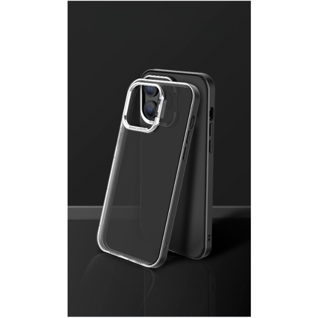 Husa de protectie pentru iPhone 14 Plus, cu suport metalic pentru camera, Bracket Series, Vafy, Protectie Antisoc, PC mat, silicon moale pe margini, Negru