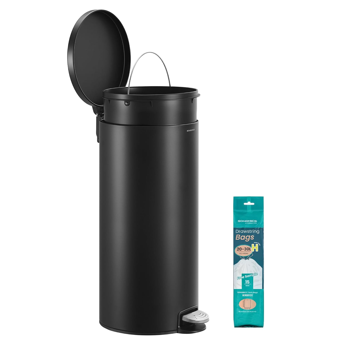 SONGMICS Cos de gunoi cu pedala, capac soft-close, galeata detasabila, otel, 30L, saci menajeri inclusi, negru