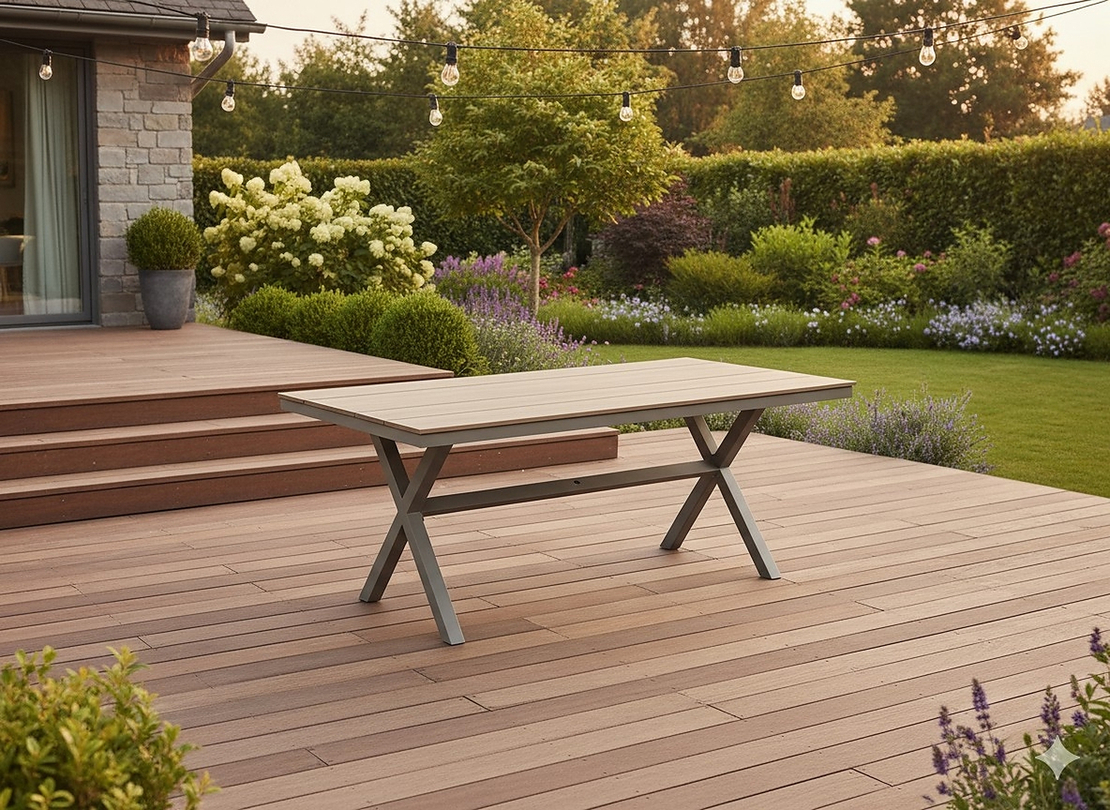 Masa gradina dreptunghiulara din aluminiu cu blat aspect lemn, 150x90x74 cm, bej