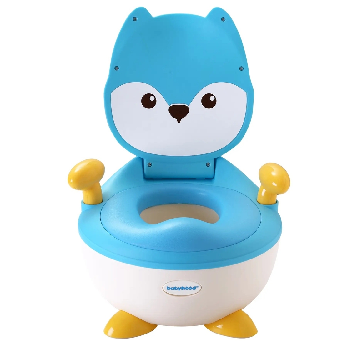 Olita pentru Copii, Flippy, +6 luni, Compartiment Detasabil, cu Capac, Antiderapanta, din Plastic, Colac Moale, Model Animat Vulpe, cu Maner, 34.5 x 35 x 23 cm, Albastru/Alb