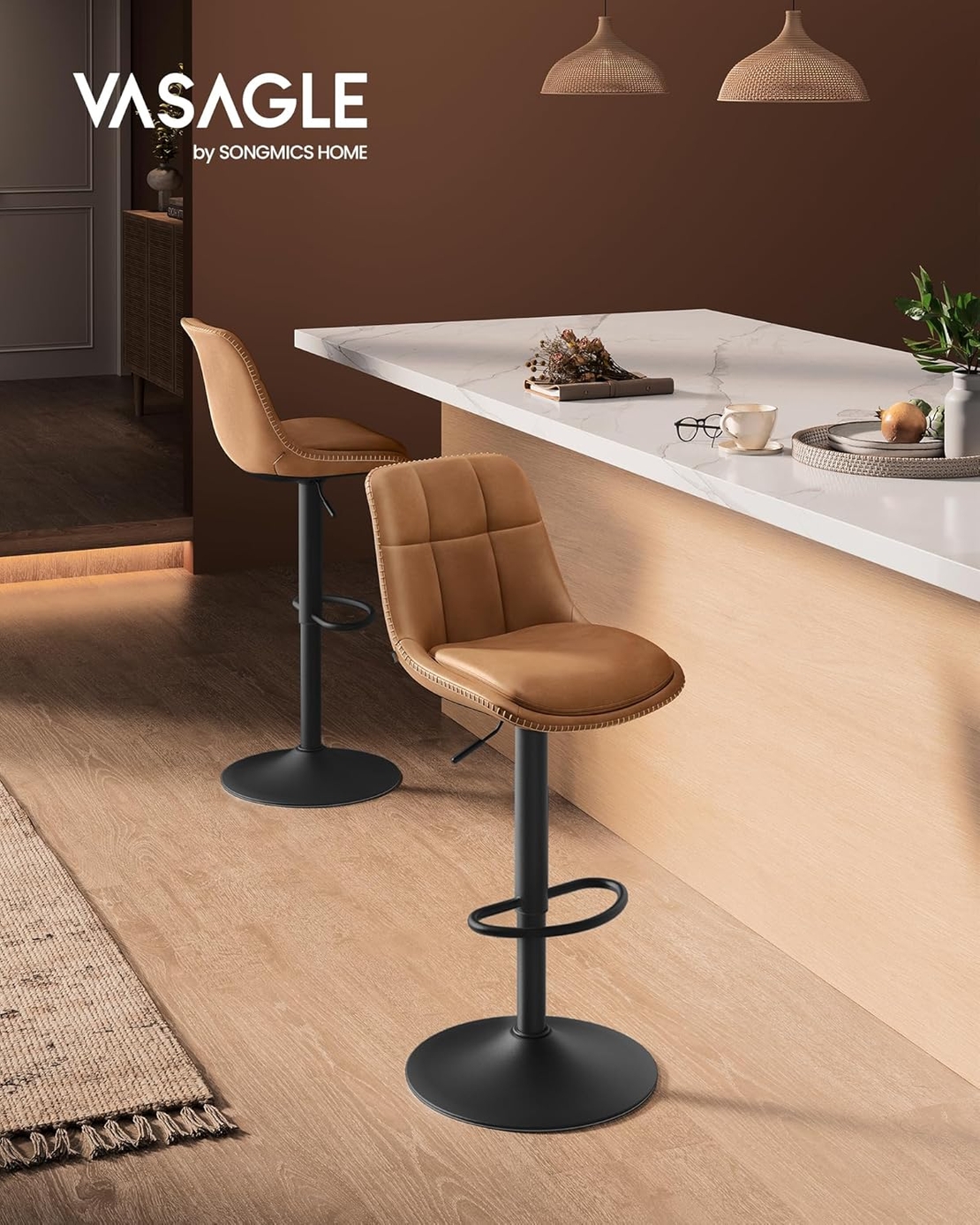 VASAGLE Set 2 scaune bar reglabile, rotative 360°, tapiterie PU, cadru metalic, 44x30x90-112 cm, maro caramel