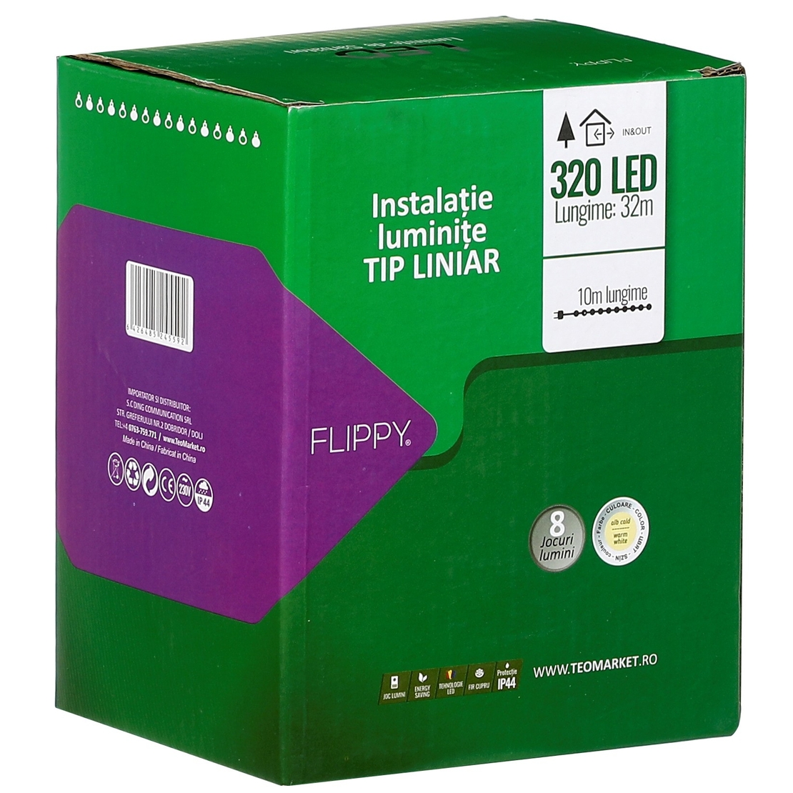 Instalatie Craciun liniara, cu transformator 31V, 32 m, Alb Rece, 320 LED-uri V5, 8 jocuri de lumini, fir verde, Vafy