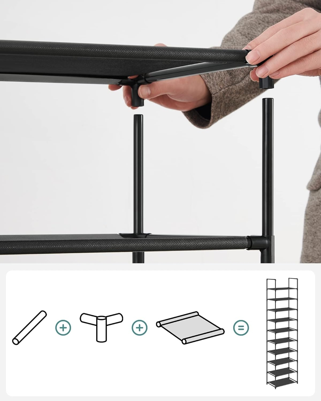 SONGMICS Raft de depozitare pantofi pe 10 niveluri, metal, instalare modulara, 28x45x173cm, negru