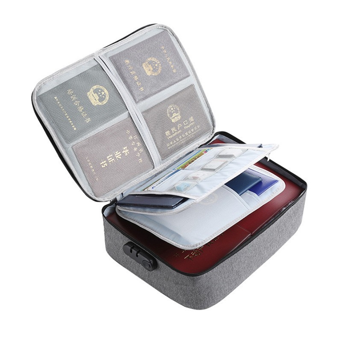 Geanta Flippy pentru Depozitare Acte si Documente, Facturi, Carduri, cu Cod de Securitate, 3 Compartimente, Impermeabila, 37 x 10.5 x 27 cm, Gri