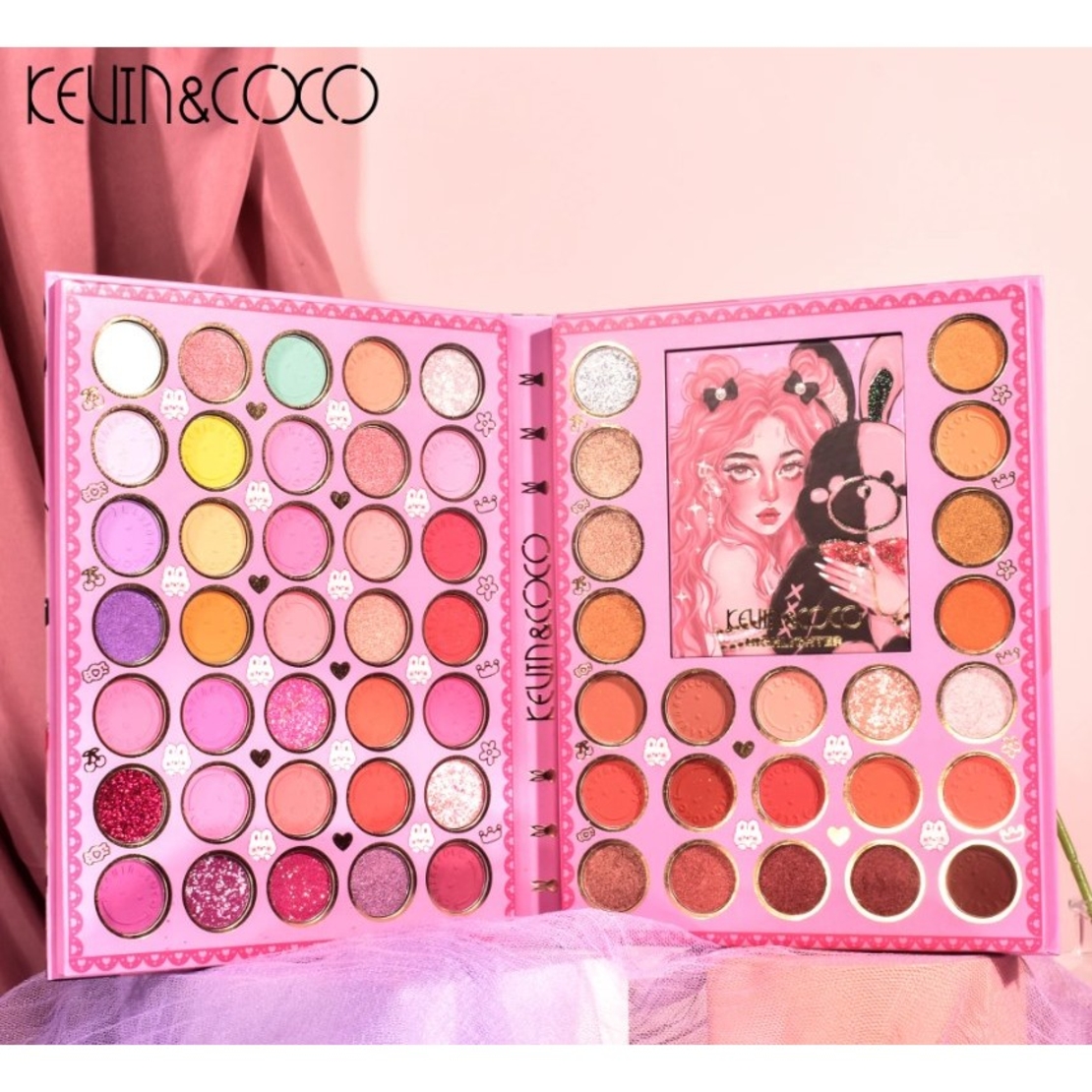 Set farduri 2 in 1 Kevin&Coco, paleta 62 nuante, mini paleta iluminator tip carte, rezistenta ridicata, 22 x 17 cm, 430 g, multicolor