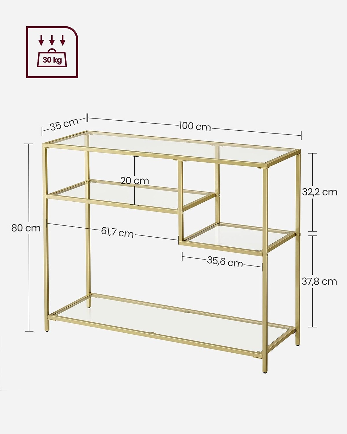 VASAGLE Masa de intrare, cu rafturi asimetrice, blat din sticla securizata, cadru metalic, 35x100x80cm, auriu