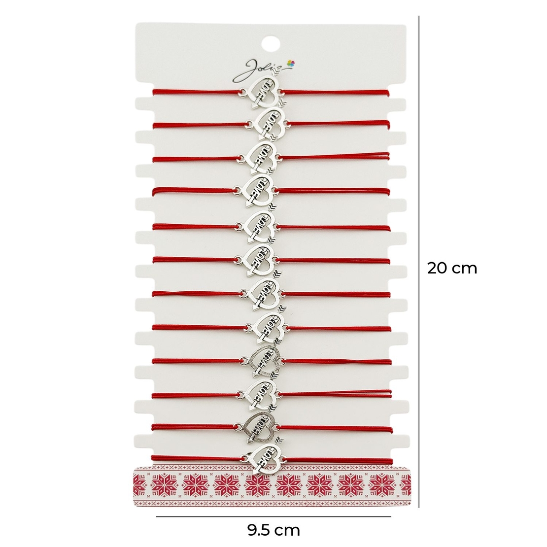 Martisor Bratara Elastica cu Pandantiv din Inox, Jolie, pentru Dama, Set 12 bucati, Snur Rosu Textil, Model Inima Love