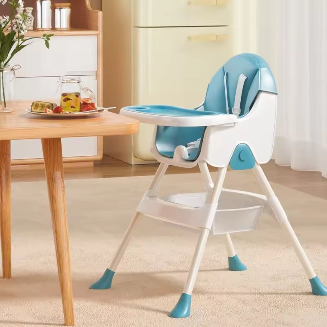 Scaun de Masa Pliabil 3in1, Flippy, Reglabil, Multifunctional, 3 Pozitii, Masuta si Husa Detasabile, Centura de Siguranta, Albastru