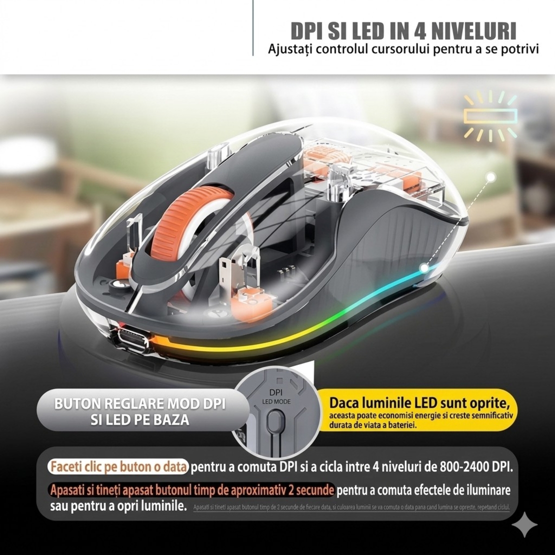 Mouse Wireless, Vafy, Dual Bluetooth, 2.4 GHz, Multi Device, USB-C, 4 Niveluri DPI 800-2400, Reincarcabil, Iluminare LED, Compatibil MacBook/iPad/Laptop, 10 x 6 cm, Gri