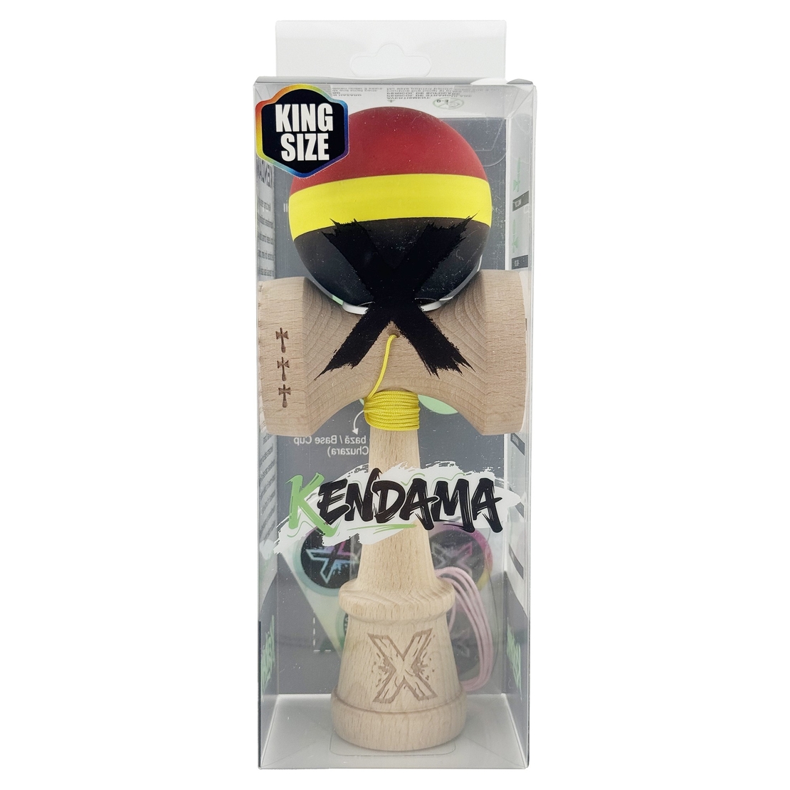 Kendama X Originala, Profesionala, Flippy, Cupe Mari KING SIZE V3, Rubber Grip, Gaura in Baza, Rulment Metalic, din lemn 18 cm, Ata 62/65 cm, M Rosu/Galben/Negru
